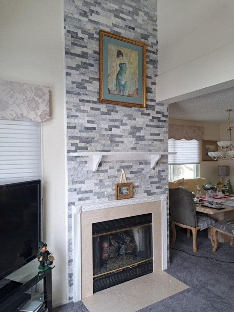 Beautiful Alaska gray ledgestone backdrop to revitalize an old fireplace!
