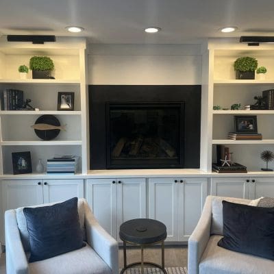 Majestic Meridian Direct Vent Fireplace, Built-in cabinets with custom shelves