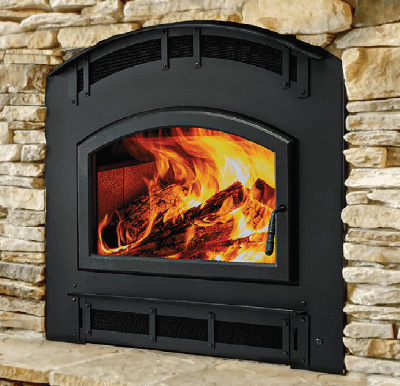 Pioneer III Wood Fireplace with Arch Door in Classic Black
